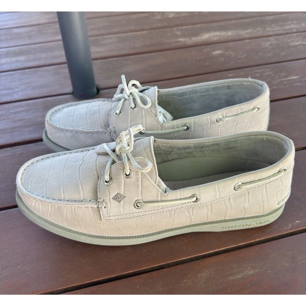 Sperry Womens A/O Vida Gray Silver Croc Boat Shoes Loafers Size 10 STS83923
